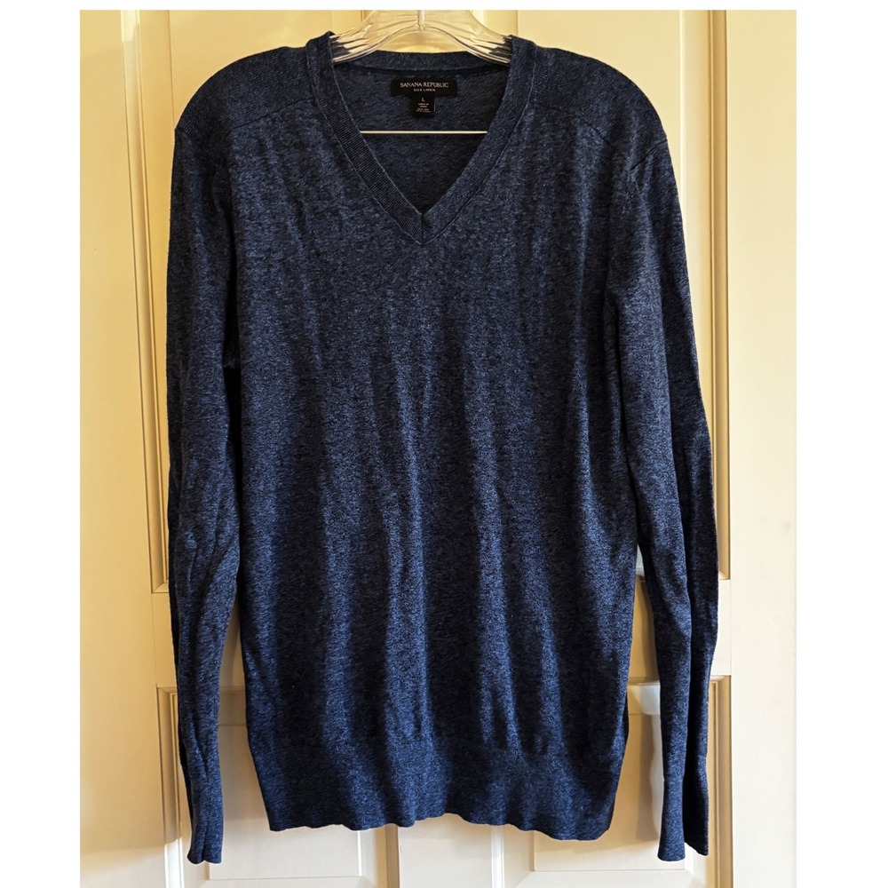 Banana Republic Silk Linen V-Neck Sweater Mens Large Navy Blue Heathered Knit